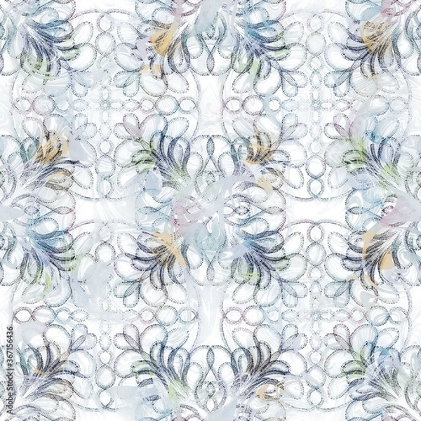 Fototapeta Seamless happy geo pattern with navy and white. High quality illustration. Joyful party mood design with subtle marble design overlay. Abstract repeat raster jpg swatch.