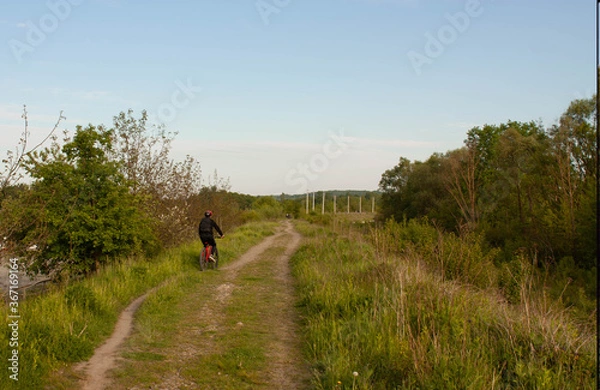 Obraz man riding bicicle on green grass near trees