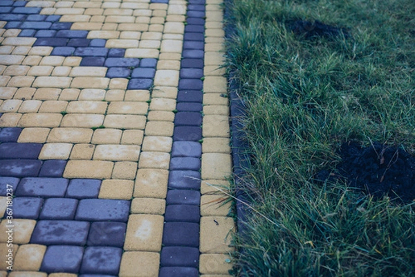 Fototapeta Nested pavers of various colors, around the grass is green, chic garden