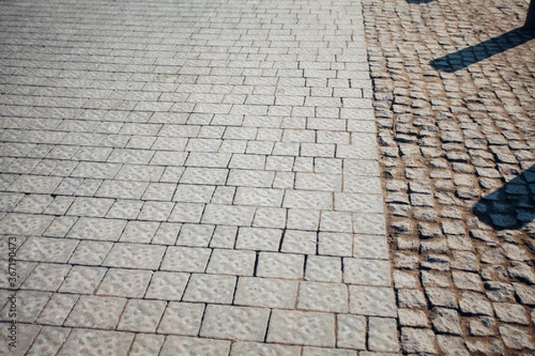 Fototapeta Nested pavers of various colors, around the grass is green, chic garden