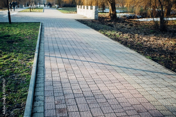 Fototapeta Nested pavers of various colors, around the grass is green, chic garden