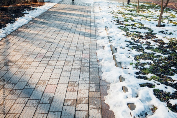 Fototapeta Nested pavers of various colors, around the grass is green, chic garden