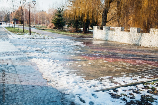 Fototapeta Nested pavers of various colors, around the grass is green, chic garden