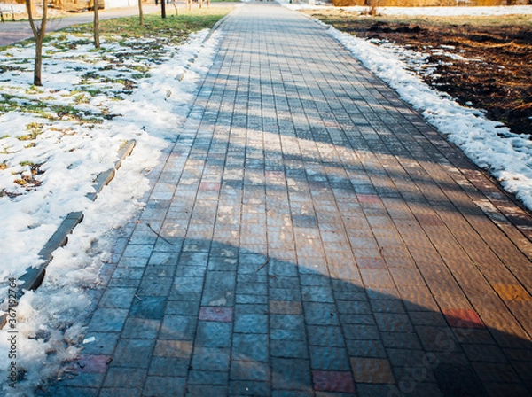 Fototapeta Nested pavers of various colors, around the grass is green, chic garden
