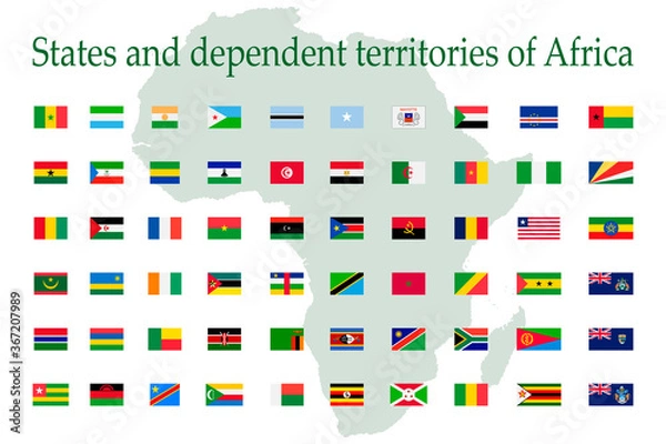 Obraz A set of African flag icons on a white background. Vector image of flags of States and dependent territories of Africa. You can use it to create a website, print brochures, booklets, flyers.