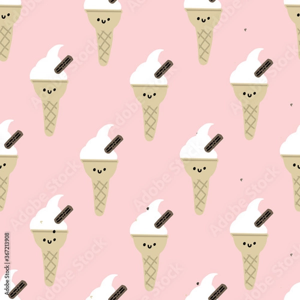 Fototapeta Seamless PINK colorful SOFT SERVE Ice cream cone pattern with chocolate. Light pink summer pattern.