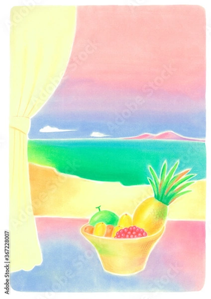 Fototapeta 窓辺にトロピカルなフルーツかごがあり、背景には、エキゾチックな砂浜、海、空が広がる