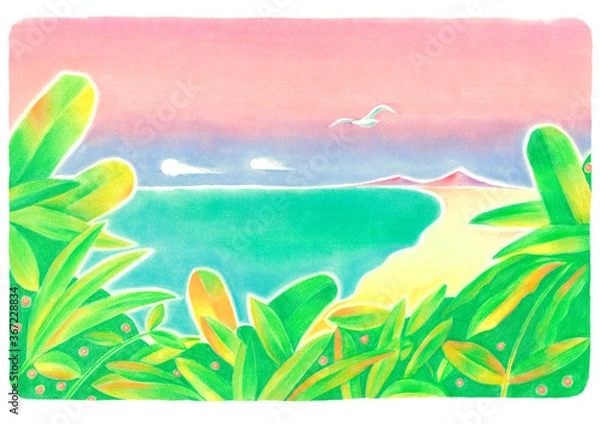 Fototapeta 南国の緑が手前にあり、砂浜、海が水平線に重なり、空にはカモメが飛んでいる。エキゾチックな風景