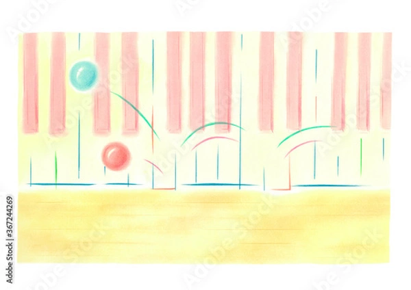 Fototapeta ピアノの鍵盤の上を、青と赤の玉がリズム感よく跳ねている。