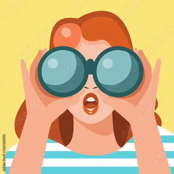 Obraz Girl with binoculars in retro style. Wonder. Vector illustration.