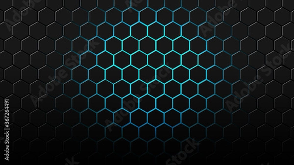 Obraz Futuristic glowing hexagonal background design with blue light. Perfect for template, background, thumbnail, etc