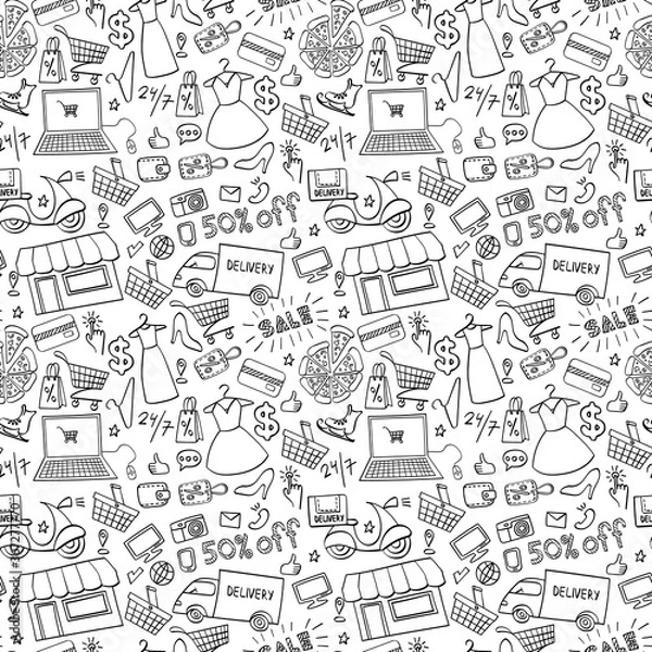 Obraz Online shopping hand drawn seamless pattern. Doodle e-commerce background. Vector illustration.