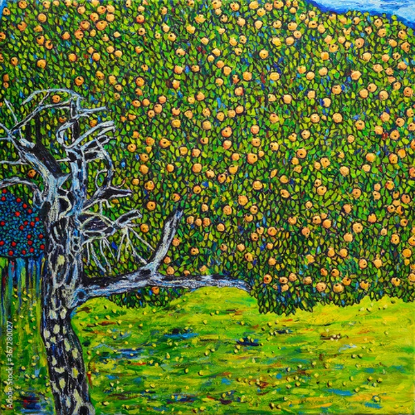 Fototapeta Beautiful Oil Painting apple tree. Free copy is based on a photo reproduction of a wonderful painting by Gustav Klimt -The Golden Apple Tree- that was burned down in a fire
