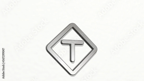 Fototapeta road sign deadend from a perspective on the wall. A thick sculpture made of metallic materials of 3D rendering. background and city
