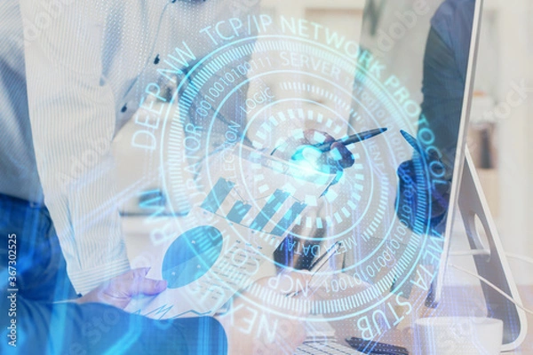 Fototapeta Double exposure of technology hologram with man working on computer background. Concept of big data.
