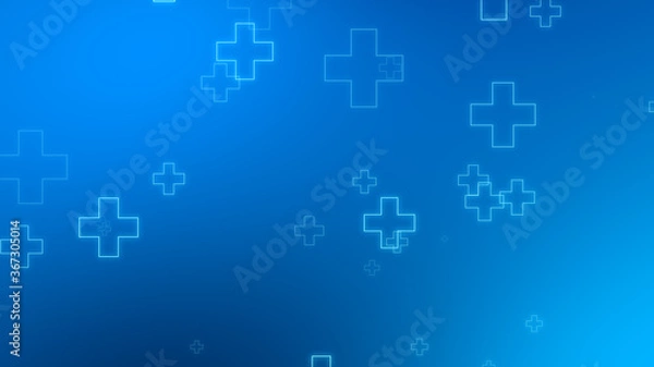 Fototapeta Medical health blue cross neon light shapes pattern background. Abstract healthcare technology and science concept.