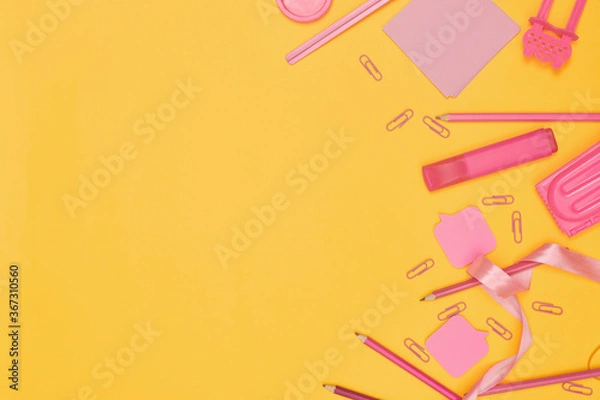 Obraz Minimalism, Back to school concept, Pink school supplies on yellow background, flat lay with copy space