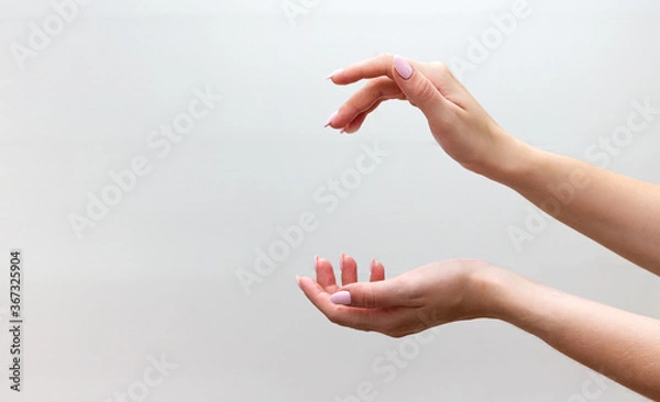 Obraz Hands of a young woman close-up on a white background. Healthy skin and nails. Manicure. Copyspace for text.