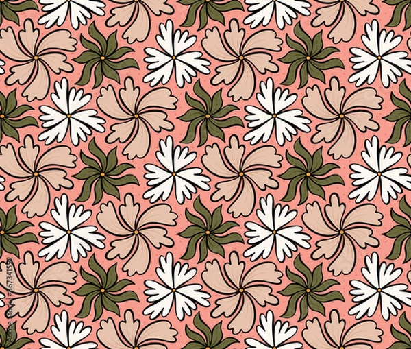 Fototapeta Geometric floral seamless vector pattern, Flowers and leaves botanical garden background texture.