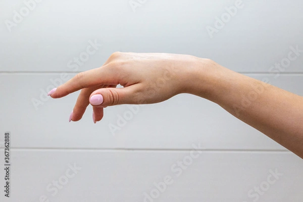 Obraz A well-groomed female hand with a neat manicure hanging smoothly in the air on a light background.