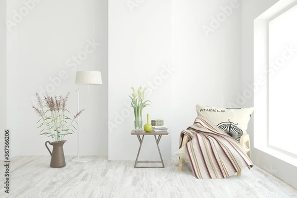 Fototapeta White living room with armchair. Scandinavian interior design. 3D illustration