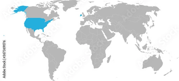 Fototapeta Ireland, USA countries isolated on world map. Light gray background. Economic and trade relations.