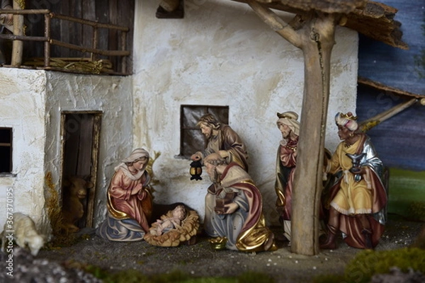 Obraz Krippe, Weihnachtskrippe, Geburt, Weihnachten, Jesus, Christen, Religion, Maria und Josef, Ochs und Esel, heilig Abend, heilige dre Könige, Hirten , Schafe, 
Glauben
