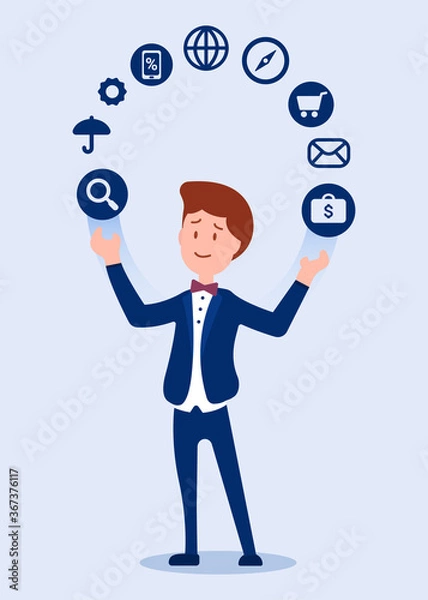 Fototapeta A full-length businessman stands and juggles with business icons. Man in a tuxedo. Acrobat. Vector business concept. Flat style. Can be used for poster or smartphones. EPS 10.