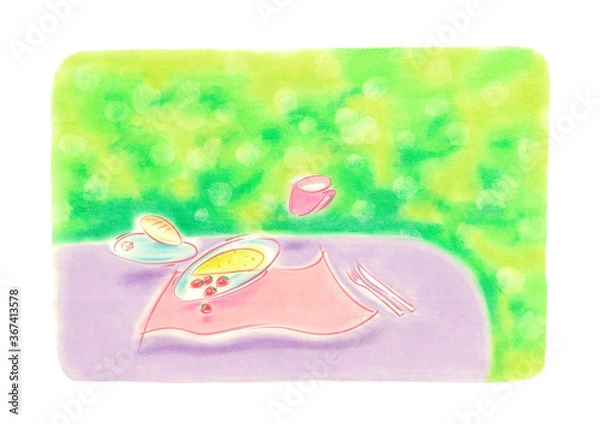 Fototapeta 朝食のパン、卵、カップなどが、爽やかな緑のバックのなかに待っている、