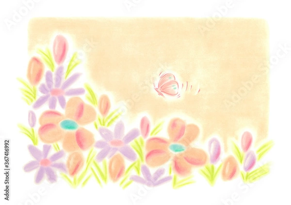 Fototapeta 色とりどりの花壇の上を蝶々が一匹、花や蕾に向かって飛んでいる