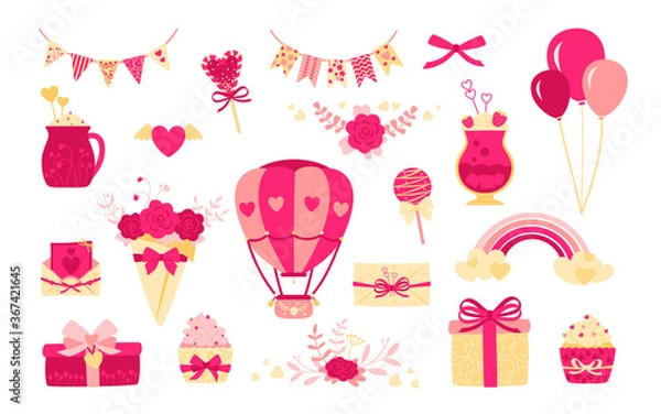 Obraz Valentine day or wedding set. Flat cartoon design. Cute letter, gift bouquet and boxes. Rainbow drink, sweets balls decorations for holiday. Pink objects collection. Isolated vector illustration