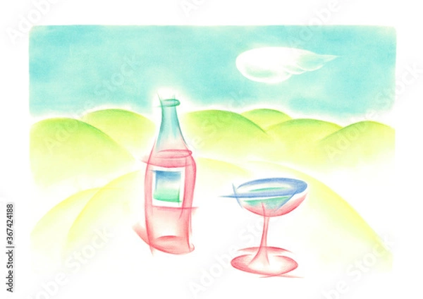 Fototapeta ワイングラスとワインが手前にあり、バックはこんもりとした緑とボテっとした雲があり、不思議な世界観を出している