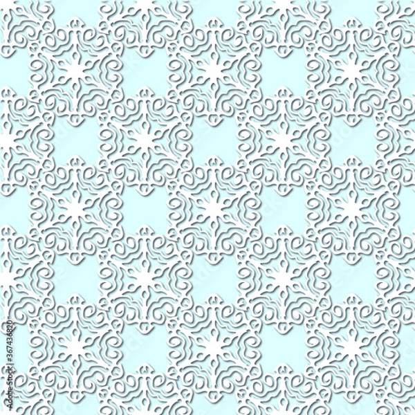 Fototapeta White snowflakes on pale blue background, damask ornament seamless pattern. Paper cut style
