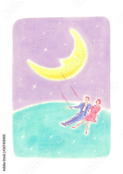 Fototapeta 地球とキラキラした夜空をバックに、三日月からブランコに乗って楽しんでいるカップル