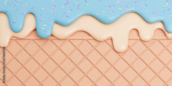 Obraz Mint and Vanilla Ice Cream Melted with Sprinkles on Wafer banner Background with copy space.,3d model and illustration.