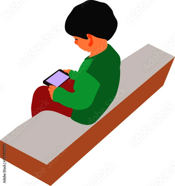 Obraz An indian village kid cartoon watching mobile on isolated background, seating at stone table.