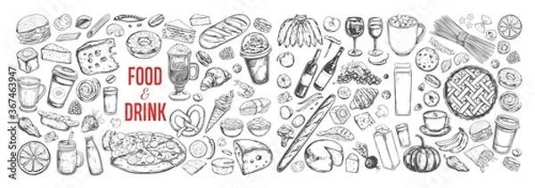 Obraz Big vector set of drink and food ingredients. Dairy, bakery, coffee, wine, vegetables etc. Hand drawn sketches. Isolated objects