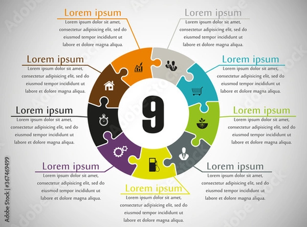 Obraz Nine sided puzzle presentation infographic template with explanatory text field for business statistics