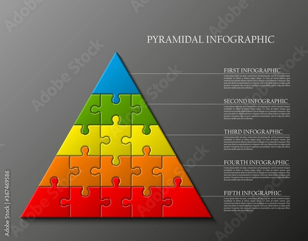 Obraz five levels pyramid puzzle presentation infographic template with explanatory text field for business statistics illustration