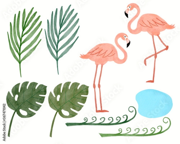 Obraz set of flamingos monstera leaves, palm leaves, pond