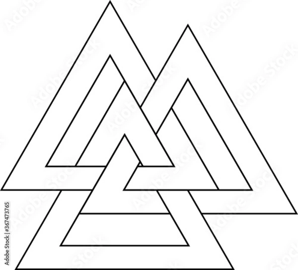 Fototapeta Valknut interlocking triangle magic sacred symbol from norse heathen religion in black and white