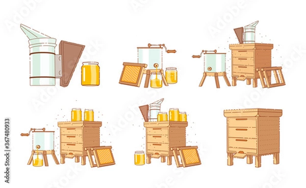 Obraz Equipment for beekeeping. Collect and produce honey. Vector illustration.