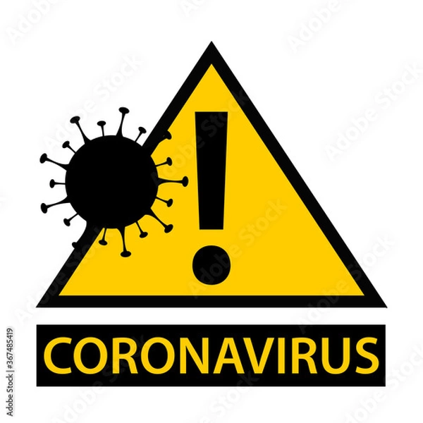 Fototapeta Covid-19 coronavirus infected area. Yellow and black attention access zone panel with cell illustration.	