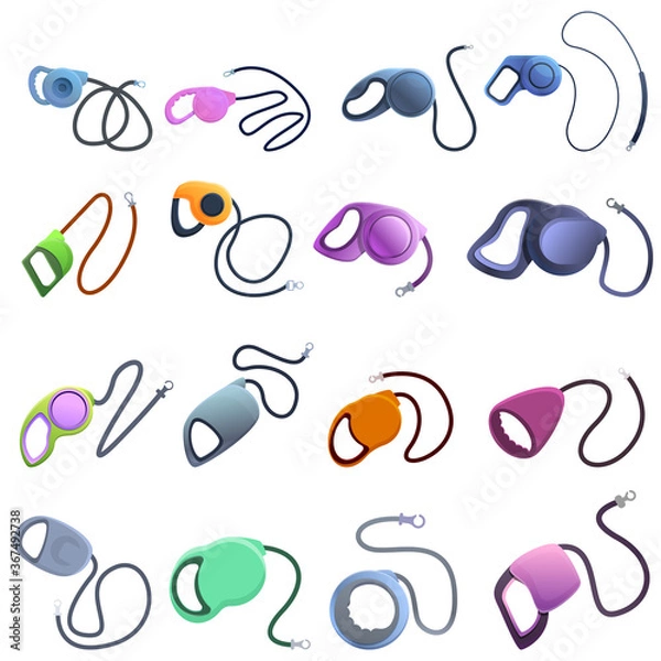 Fototapeta Retractable dog leash icons set. Cartoon set of retractable dog leash vector icons for web design