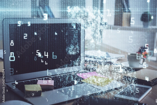 Fototapeta Technology theme drawing and work space with computer. Double exposure. Concept of innovation.