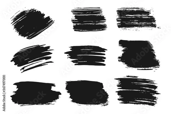 Fototapeta Different hand drawn ink brush strokes set. Stamp label for artistic design. Grungy texture, dirty banners and text boxes. Abstract lines black paint for digital brushes. Isolated vector illustration