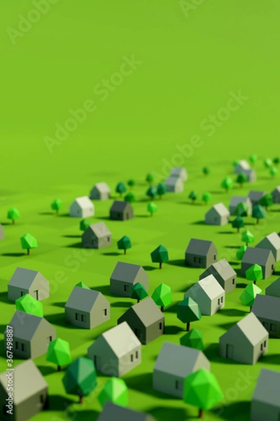 Fototapeta Miniature wooden single family houses and trees in green enviroment. 3D illustration