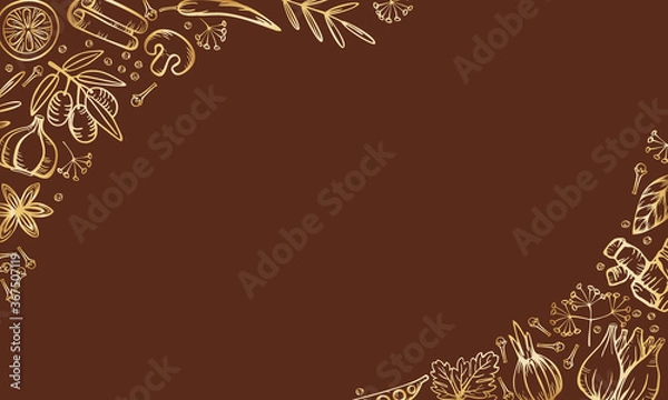 Obraz Spice herbs for delicious cooking. Isolated golden vector border frame on brown background. Stylized hand drawing.