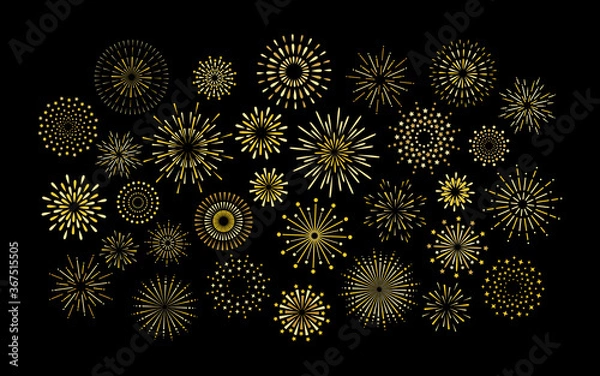 Fototapeta Sparkle art deco star shape fireworks burst pattern collection. Gold star shaped firework pattern isolated collection. Carnival celebration firecracker explosion, birthday party festive decoration.