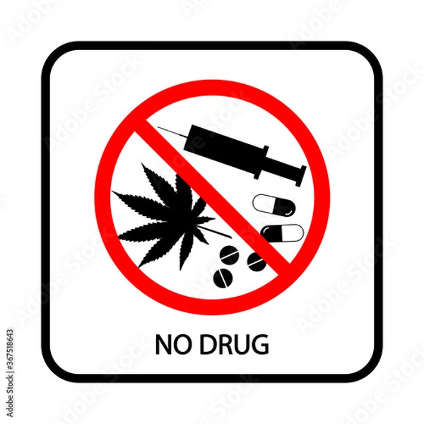 Obraz Set of different types of drugs. Sign prohibiting the use of drugs. Vector picture. Can be used for public places. Set: syringe, pills, marijuana.